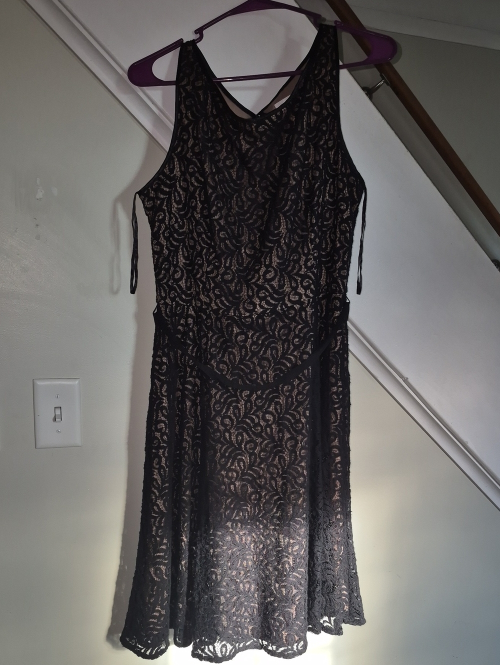 Sleeveless Black Lace Mini Dress with Nude Lining